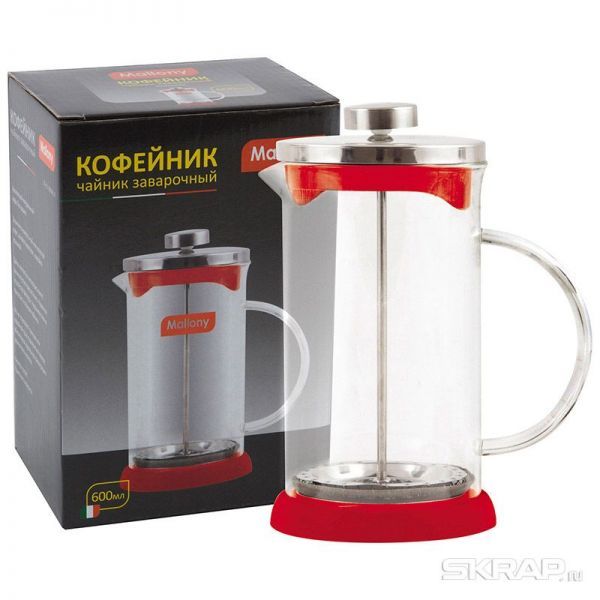 Чайник/кофейник (кофе-пресс) RUBINO 600 мл из боросиликатного стекла, цвет - красный