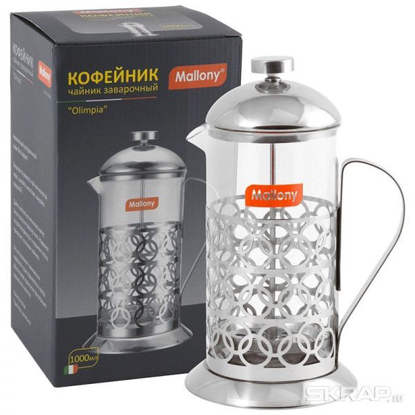 Чайник/кофейник (кофе-пресс) OLIMPIA, T046-1000ML,из жаропрочного стекла,1000 мл, в корп из нерж ст