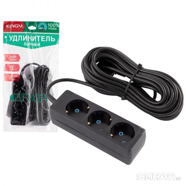 Удлинитель ENGY "Гранд"10м/3роз. с заземлением (ПВС 3х0,75) черный
