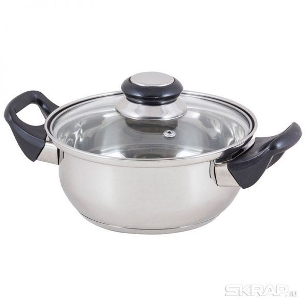 Кастрюля из нерж стали с крышкой (стекло) BAK-01, 1,4 л, ручки - бакелит, без ТМ