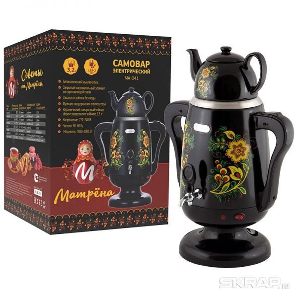 Самовар электрический МАТРЁНА МА-041 (3,2 л) металл, черный с рисунком + керам. заварник 1850-2000W