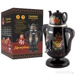 Самовар электрический МАТРЁНА МА-040 (3,2 л) металл, черный с рисунком + керам. заварник 1800-2000W