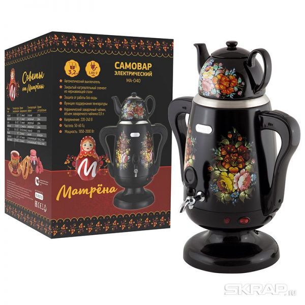 Самовар электрический МАТРЁНА МА-040 (3,2 л) металл, черный с рисунком + керам. заварник 1800-2000W