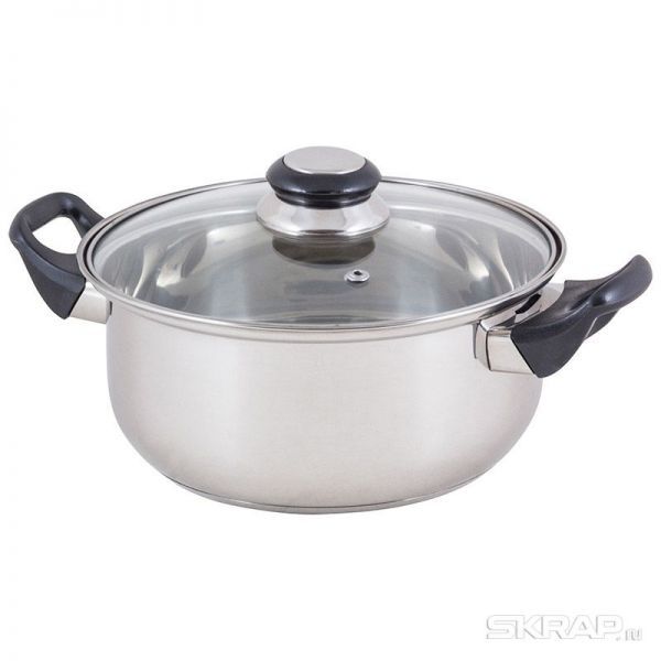 Кастрюля из нерж стали с крышкой (стекло) BAK-S-03, 2,8 л, ручки - бакелит, одинарное дно, без ТМ