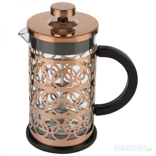 Чайник/кофейник (кофе-пресс), BRONZO, объем: 600 мл, из боросил стекла,корпус из нерж стали (медный)