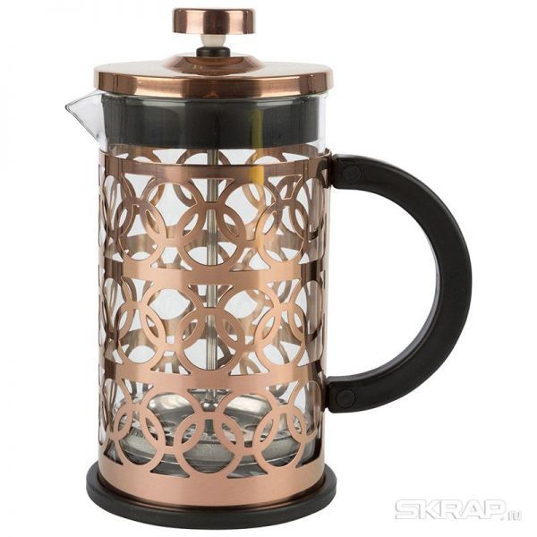 Чайник/кофейник (кофе-пресс), BRONZO, объем: 600 мл, из боросил стекла,корпус из нерж стали (медный)