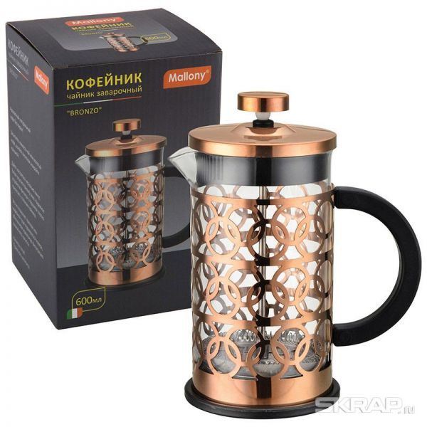 Чайник/кофейник (кофе-пресс), BRONZO, объем: 600 мл, из боросил стекла,корпус из нерж стали (медный)