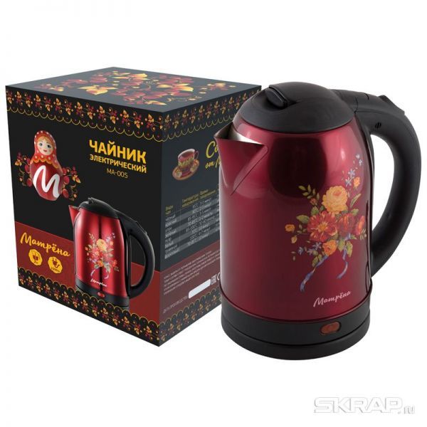 Чайник МАТРЁНА MA-005 электрический (2,0 л) стальной красный хохлома