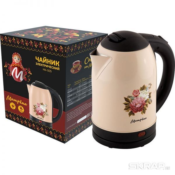 Чайник МАТРЁНА MA-005 электрический (2,0 л) стальной бежевый с цветами
