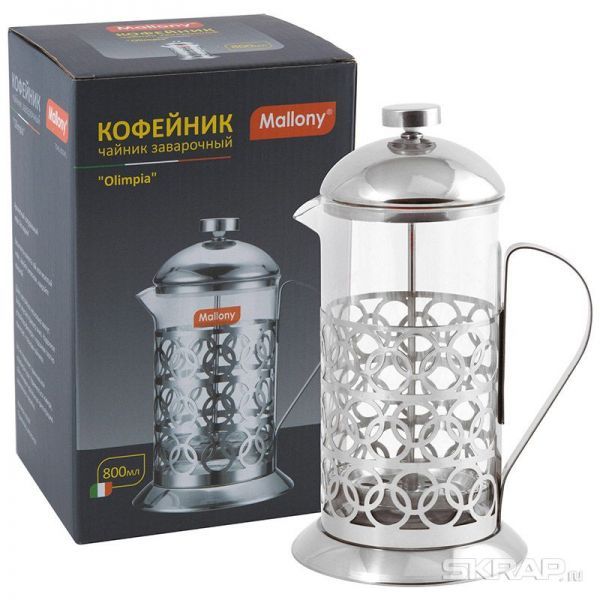 Чайник/кофейник (кофе-пресс), OLIMPIA, T046-800ML, из жаропрочного стекла, 800 мл, в корп из нерж ст